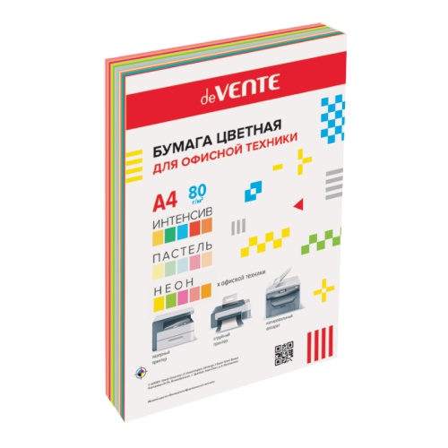 Бумага цветная deVENTE А4/60л/75г и 80г mix ассорти 15л, интен. 5цв,паст. 5цв, неон 5цв. 2072424 "Дава"