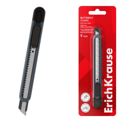 Нож для бумаги  9мм ErichKrause Классика, авто-фиксация лезвия, серый 62033 "Дава"