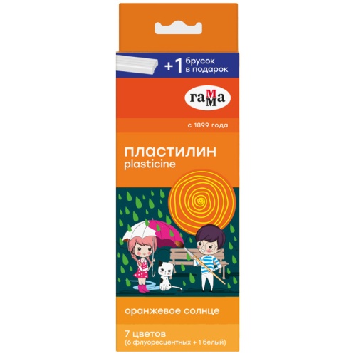 Пластилин  7цв. ГАММА Оранжевое солнце,6 флуор. + 1 белый, со стеком 150320221 "Дава"