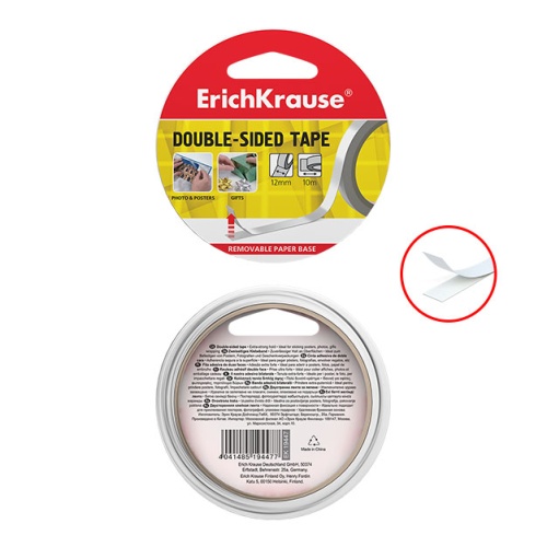 Клейкая лента двусторонняя 12мм*10м ErichKrause прозрачная, бумажная основа 58741  "Дава"