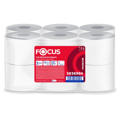 Бумага туалетная 12шт/упак 2слоя FOCUS Mini Jumbo (Система Т2) цвет белый, 170м/рул 5036904 "Дава"