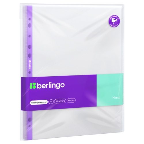 Файлы с перфорацией А4 Berlingo  30мкм Mirror 100шт/уп глянцевые,фиолетовый корешок  SPm_A4030 "Дава"