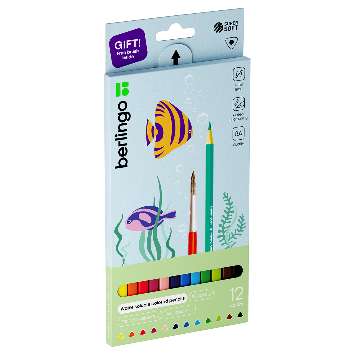 Цветные карандаши акварельные 12 цв. Berlingo SuperSoft. Рыбки SSA1712 "Дава"