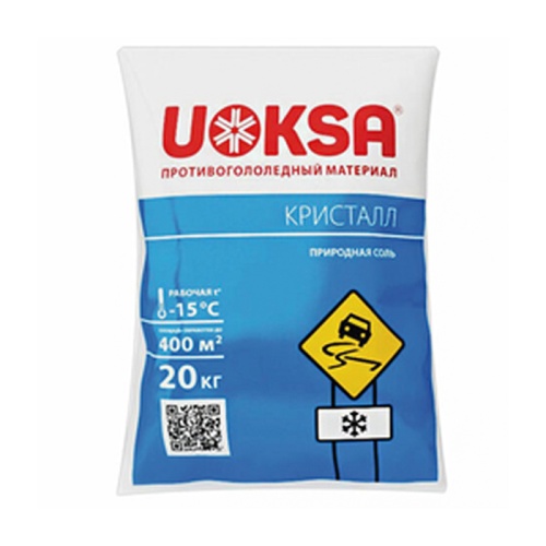 Реагент противогололёдный 20 кг UOKSA "Кристалл", до -15°C, природная соль, мешок "Дава"