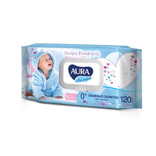 Салфетки влажные AURA Комфорт/Ultra comfort 120шт для детей очищающие, с клапаном 8108 "Дава"