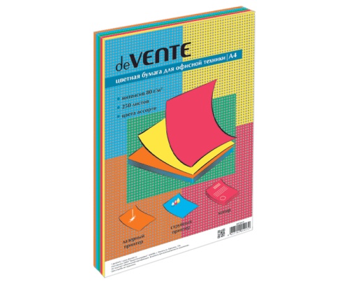 Бумага цветная deVENTE А4/250л/80г 2072415 интенсив 5цв "Дава"