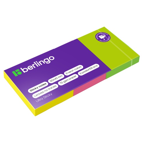 Блок самоклеящийся  50*40мм Berlingo Ultra Sticky 100л/3цв неон LSn_39003  "Дава"
