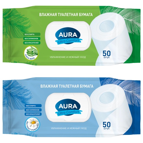 Бумага туалетная влажная AURA Ultra Comfort 50шт/упак, клапан-крышка 8027 "Дава"