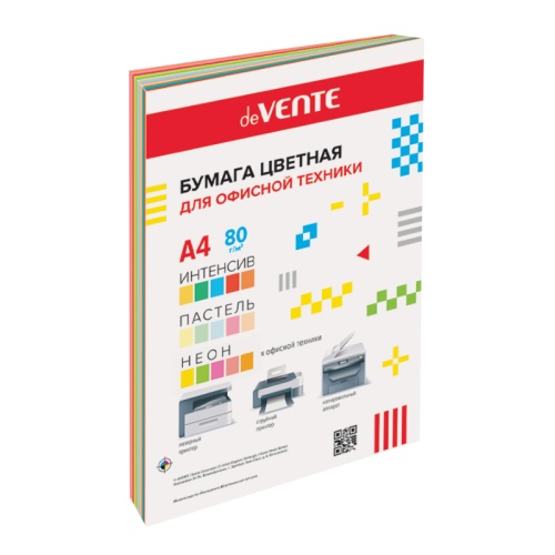 Бумага цветная deVENTE А4/30л/75г и 80г mix ассорти 15л, интен. 5цв,паст. 5цв,неон. 5цв. 2072421 "Дава"