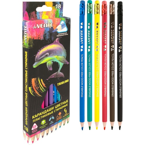 Цветные карандаши 18 цв. deVENTE 5023550 Trio Erase 2М пластиковые стираемые "Дава"