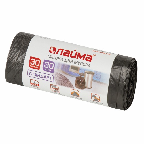 Мешки для мусора  30л/30шт 8 мкм, черные LAIMA 601377 "Дава"