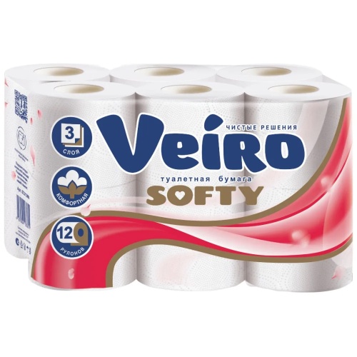 Бумага туалетная 12рул/упак 3слоя VEIRO Softy белая "Дава"