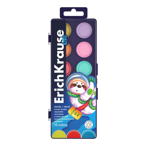 Краски акварельные 12цв. ErichKrause Kids Space Animals Neon+Pastel медовые 61364 "Дава"