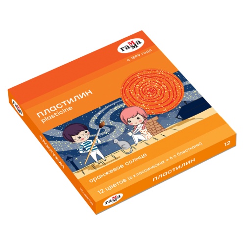 Пластилин 12цв. ГАММА Оранжевое солнце,6 классич.цв.+6 с блестами, со стеком 50223_66 "Дава"