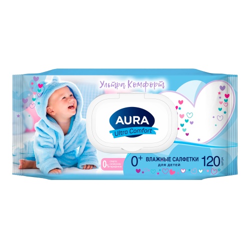 Салфетки влажные 120шт/упак AURA Ультра Комфорт/Ultra comfort, Детские, крышка-клапан 8108 "Дава"