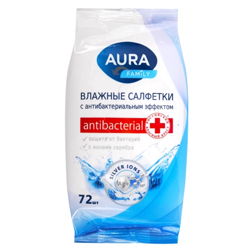 Салфетки влажные  72шт/упак AURA Для всей семьи/Family, антибактериальные 7044 ч/з "Дава"
