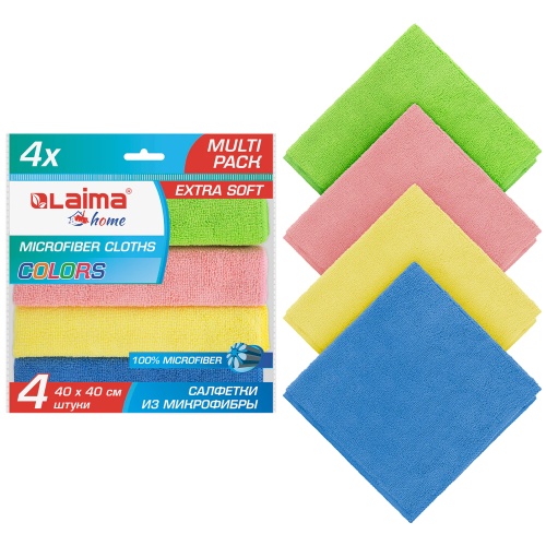 Салфетка из плотной микрофибры 40х40 см LAIMA 4 шт./уп MULTI PACK PRO COLOUR 40 607793 "Дава"