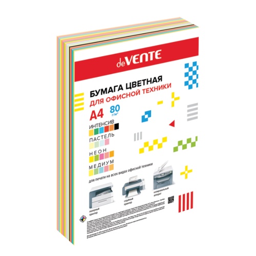 Бумага цветная deVENTE А4/200л/75г и 80г 20цв,6 инт., 4 паст., 5 неон. и 5 цв.медиум 2072505 "Дава"