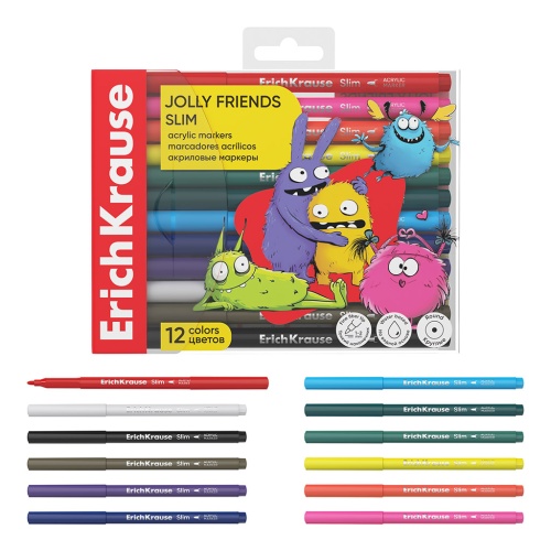 Маркеры акриловые набор 12шт/уп ErichKrause Slim Jolly Friends 65461 "Дава"