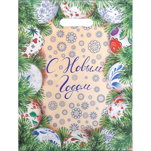 Пакет подарочный полиэтилен 31*40 см Новогодняя роспись,с вырубной ручкой 60мкм 10108132 "Дава"